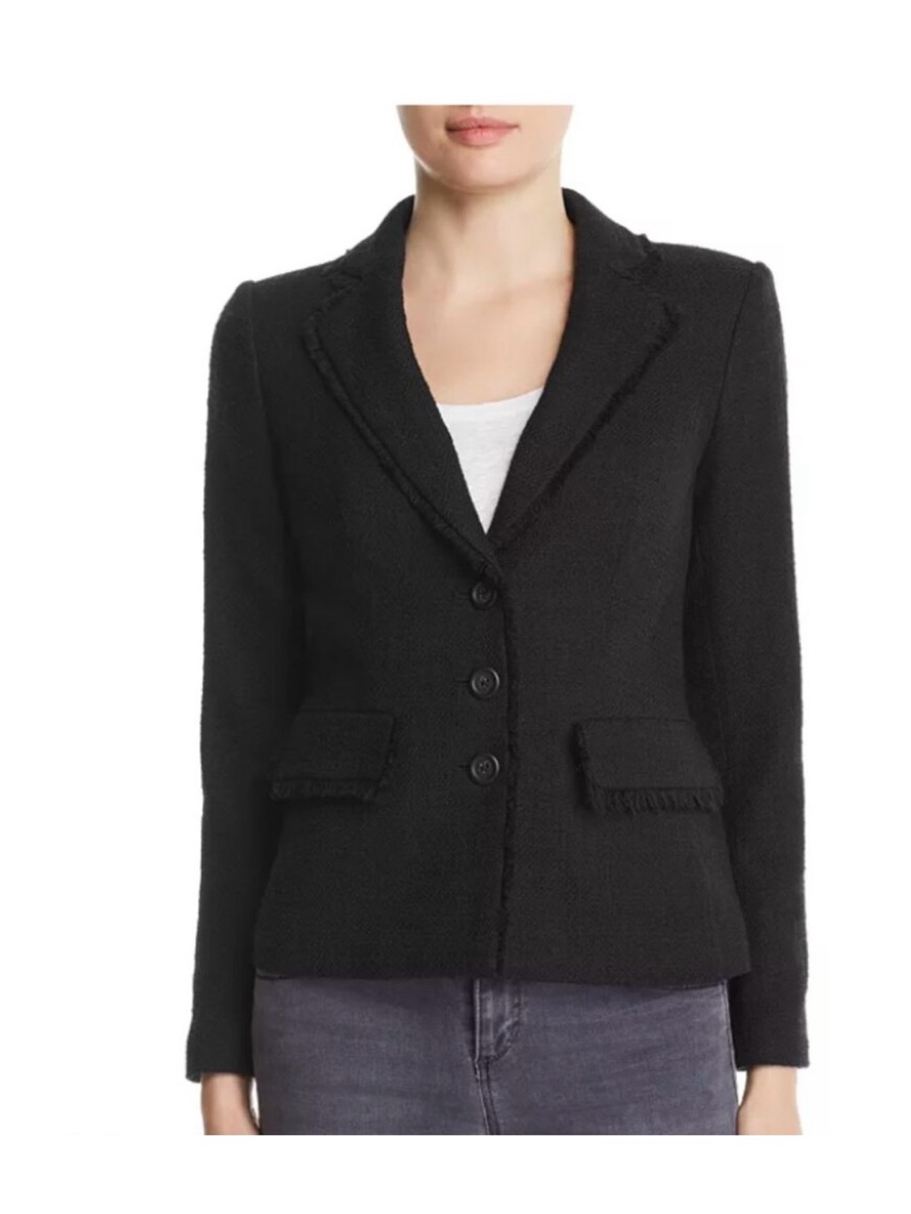 Karl Lagerfeld Paris Black Tweed Blazer w/ frayed trim -Size 8 -capsule wardrobe